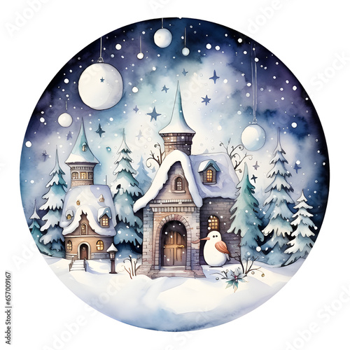 Watercolor illustration,Paint a detailed snow globe with a winter scene inside, such as a snowy village or a family of snowmen.