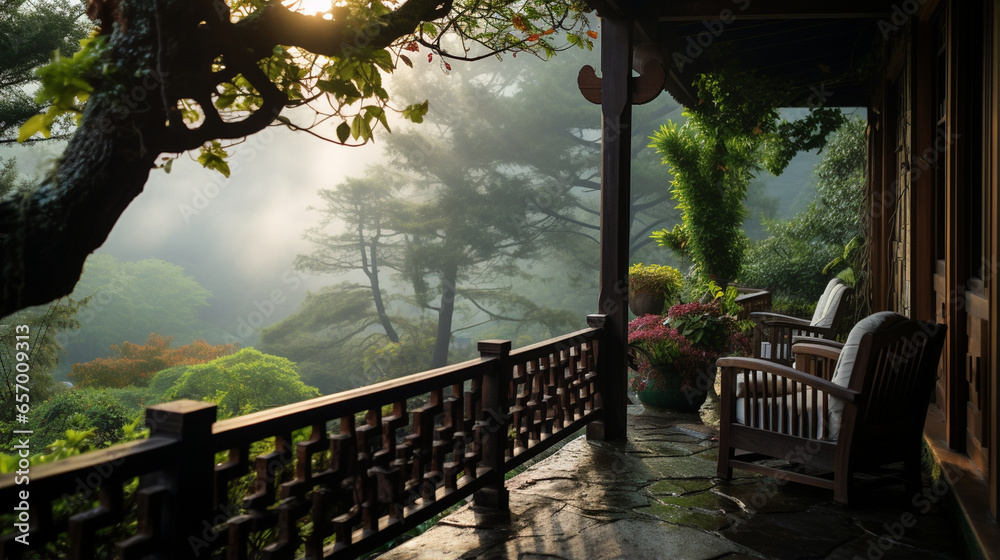 Morning mist cloaks a balcony, a serene spot for contemplation.