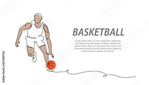 Basketball player dribbles the ball. One continuous line art drawing of basketball player dribbles