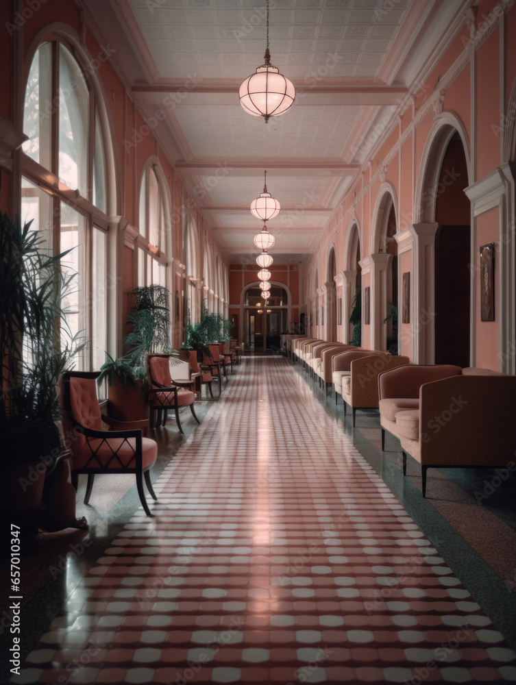 Hallway in a pink building with chairs and lamps. Generative AI