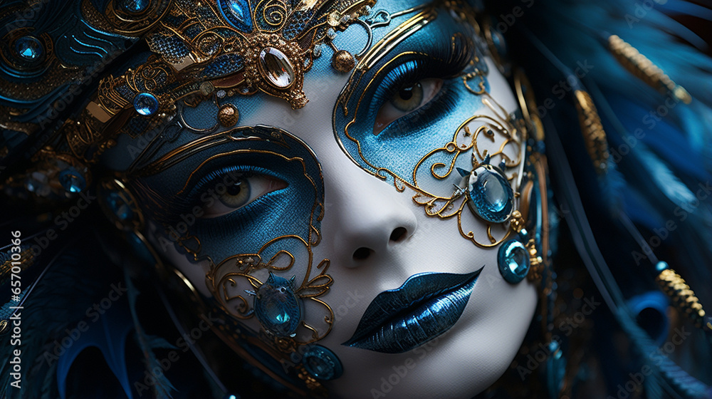 Close-up shots focusing on expressive eyes peering through intricately designed masks.