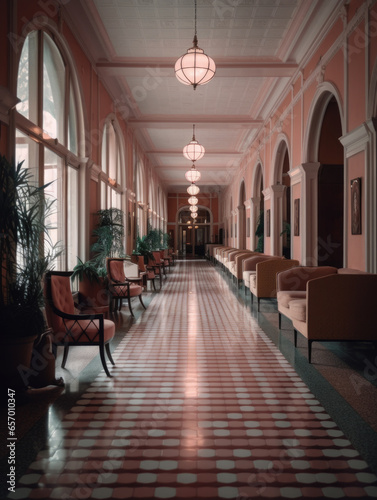 Hallway in a pink building with chairs and lamps. Generative AI
