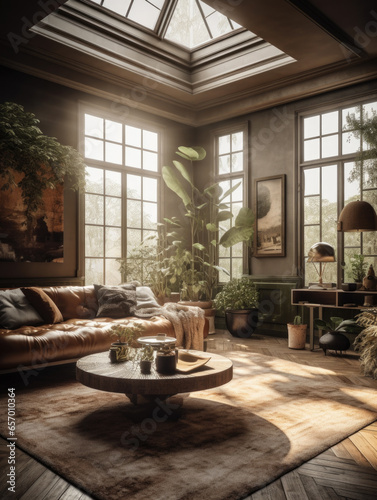 3d rendering of a living room with a lot of plants. Generative AI