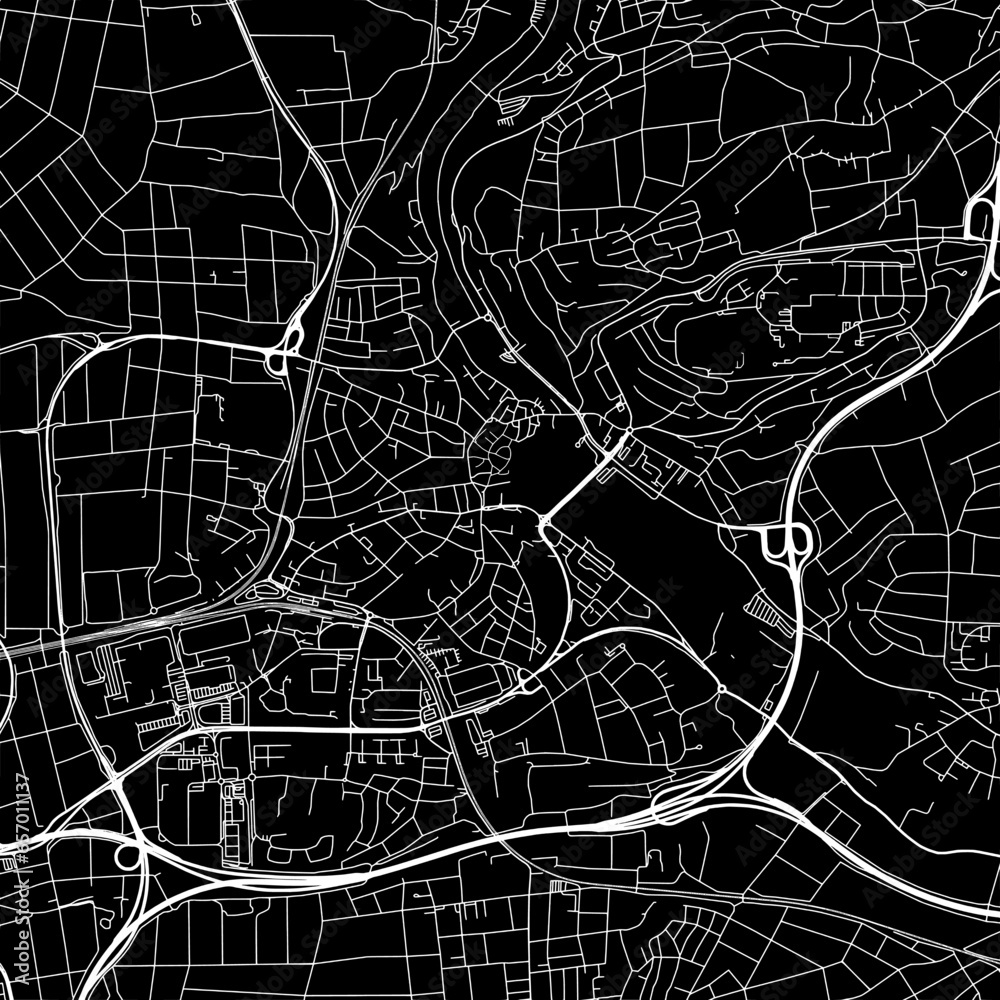 1:1 square aspect ratio vector road map of the city of  Waiblingen in Germany with white roads on a black background.