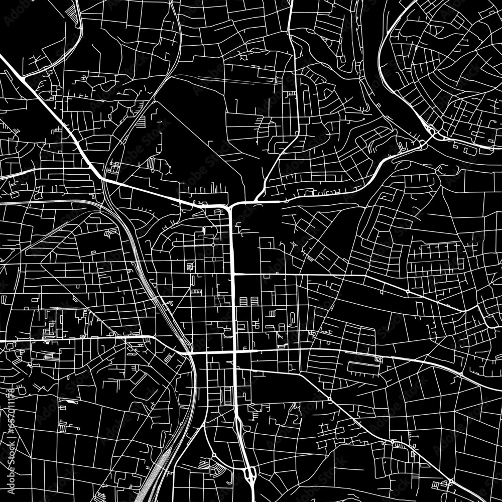 1:1 square aspect ratio vector road map of the city of  Ludwigsburg in Germany with white roads on a black background.