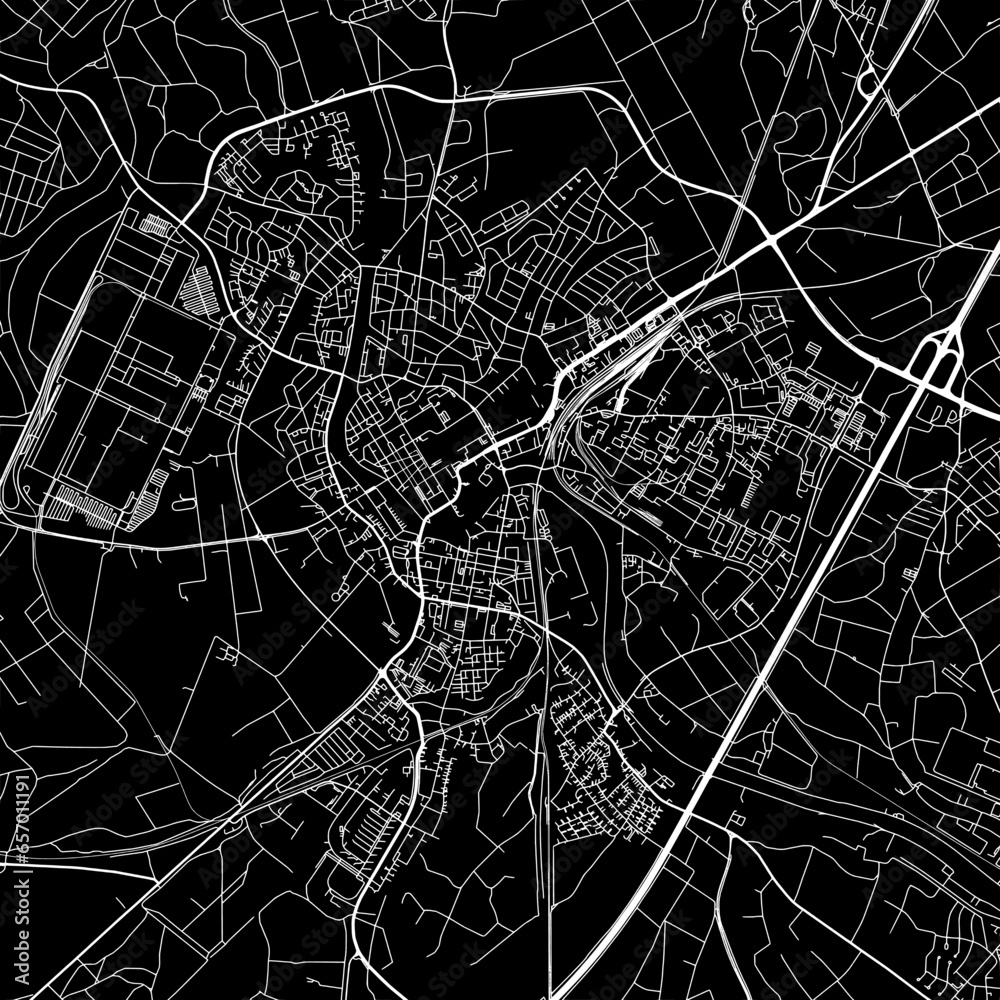 1:1 square aspect ratio vector road map of the city of  Rastatt in Germany with white roads on a black background.
