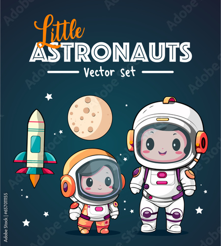 Adorable Little Astronauts Vector Set. Clip Art Vector Illustrations For commercial Use.