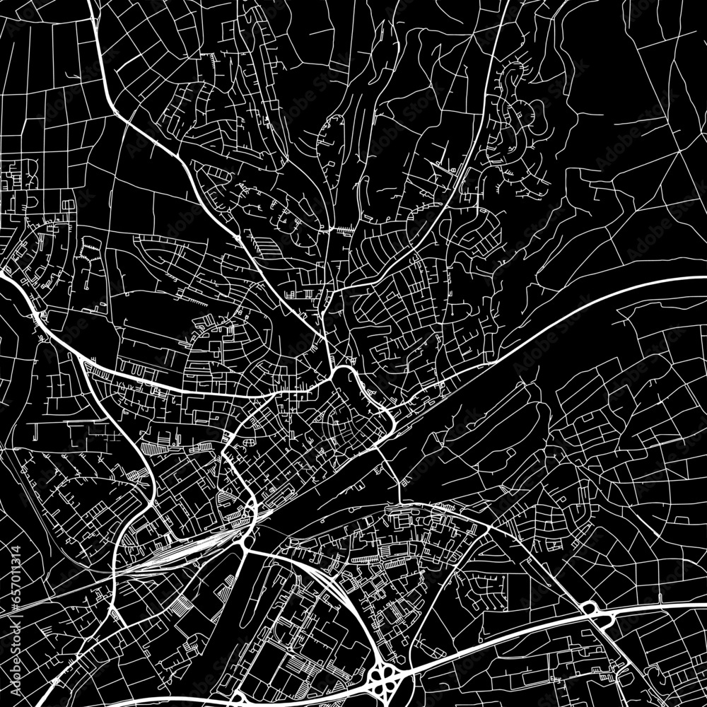 1:1 square aspect ratio vector road map of the city of  Schweinfurt in Germany with white roads on a black background.