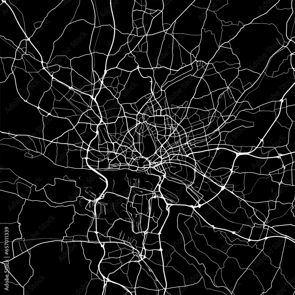 1:1 square aspect ratio vector road map of the city of Hamburg Metropole in Germany with white roads on a black background. 1:1 square aspect ratio vector road map of the city of Hamburg Metropole in Germany with white roads on a black background.