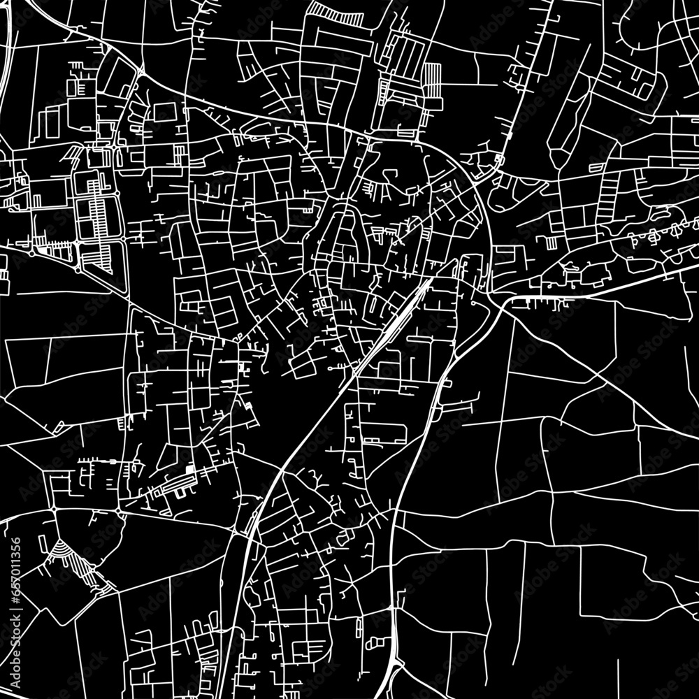 Fototapeta premium 1:1 square aspect ratio vector road map of the city of Erding in Germany with white roads on a black background.