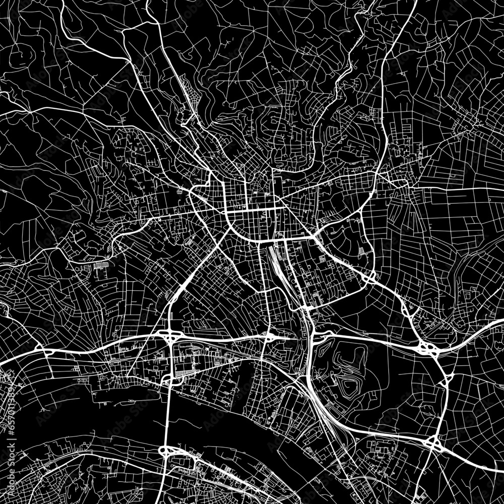 Naklejka premium 1:1 square aspect ratio vector road map of the city of Wiesbaden in Germany with white roads on a black background.