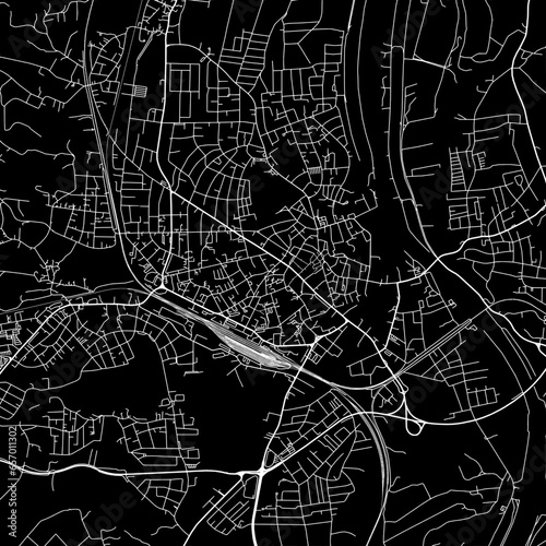 1:1 square aspect ratio vector road map of the city of Rosenheim in Germany with white roads on a black background.