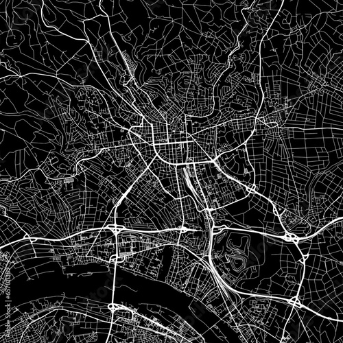 1:1 square aspect ratio vector road map of the city of Wiesbaden in Germany with white roads on a black background.
