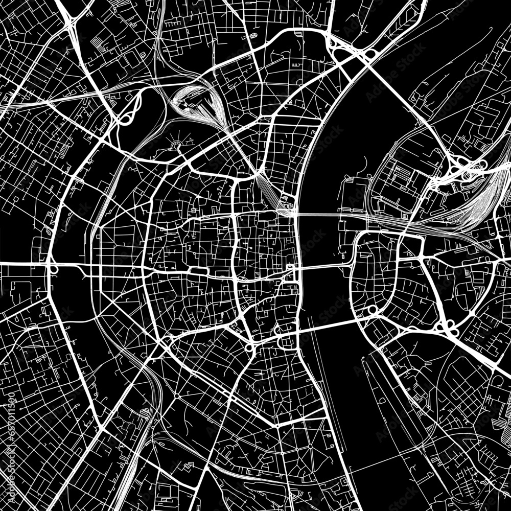 1:1 square aspect ratio vector road map of the city of  Koln in Germany with white roads on a black background.