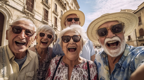 A selfie of a group of elderly people enjoying their retirement vacation. © ciprian