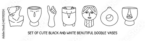 Set of doodle line art vases and pots. Hand drawn clay pottery collection. Different shapes with face, hand, pet, circle. Isolated vector illustration