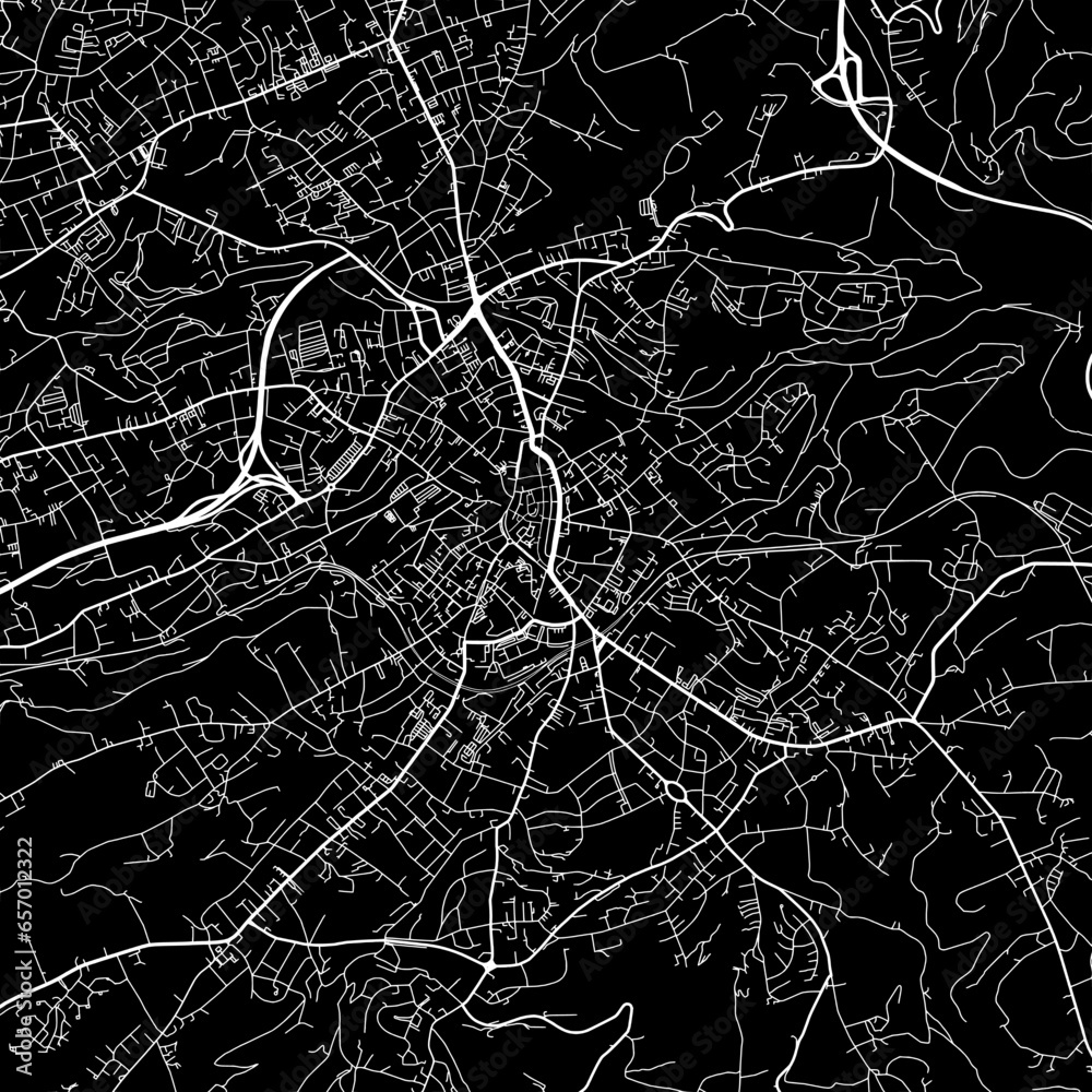1:1 square aspect ratio vector road map of the city of  Solingen in Germany with white roads on a black background.