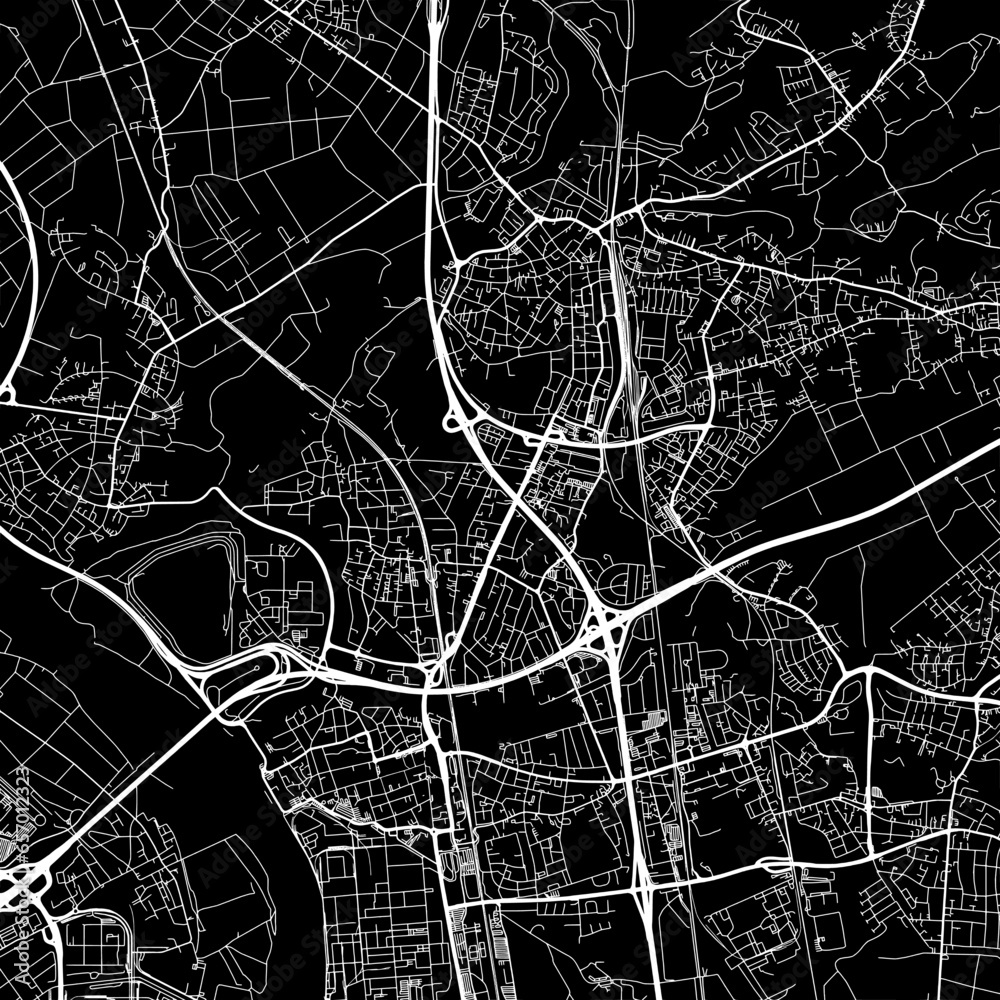 1:1 square aspect ratio vector road map of the city of  Leverkusen in Germany with white roads on a black background.