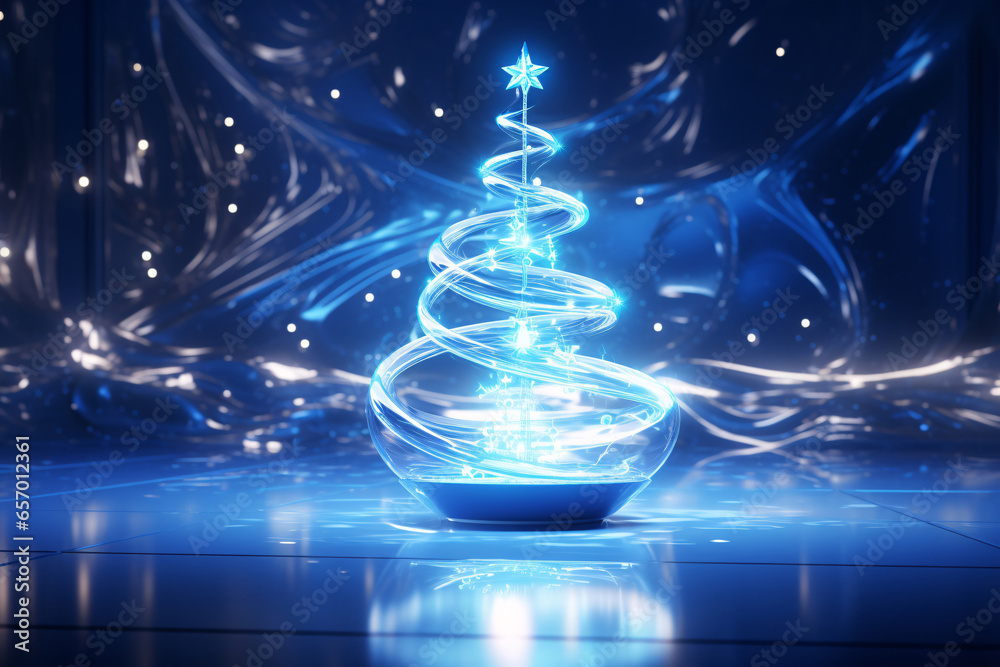 Magic decorated Christmas tree with balls for New Year on blue background. Fir tree decoration with balls. Christmas ornament. Winter holiday background. Magical moment in Xmas night. Magic decorated Christmas tree with balls for New Year on blue background. Fir tree decoration with balls. Christmas ornament. Winter holiday background. Magical moment in Xmas night.