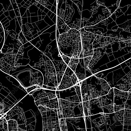 1:1 square aspect ratio vector road map of the city of Leverkusen in Germany with white roads on a black background.