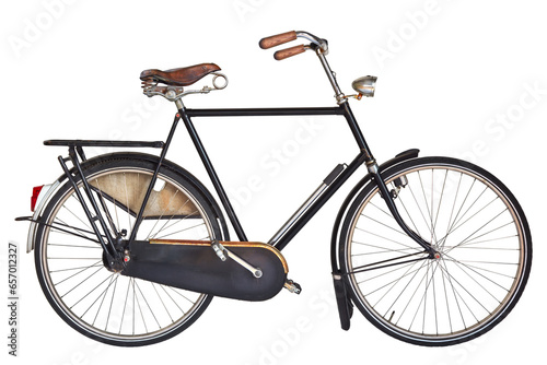 Vintage Dutch gentleman bicycle with leather saddle and wooden handle bars isolated on a white background
