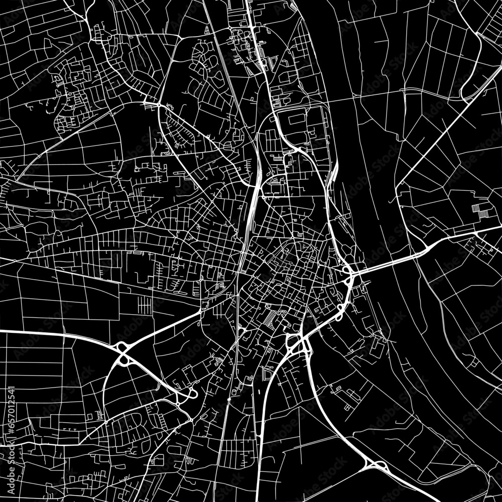 1:1 square aspect ratio vector road map of the city of  Worms in Germany with white roads on a black background.