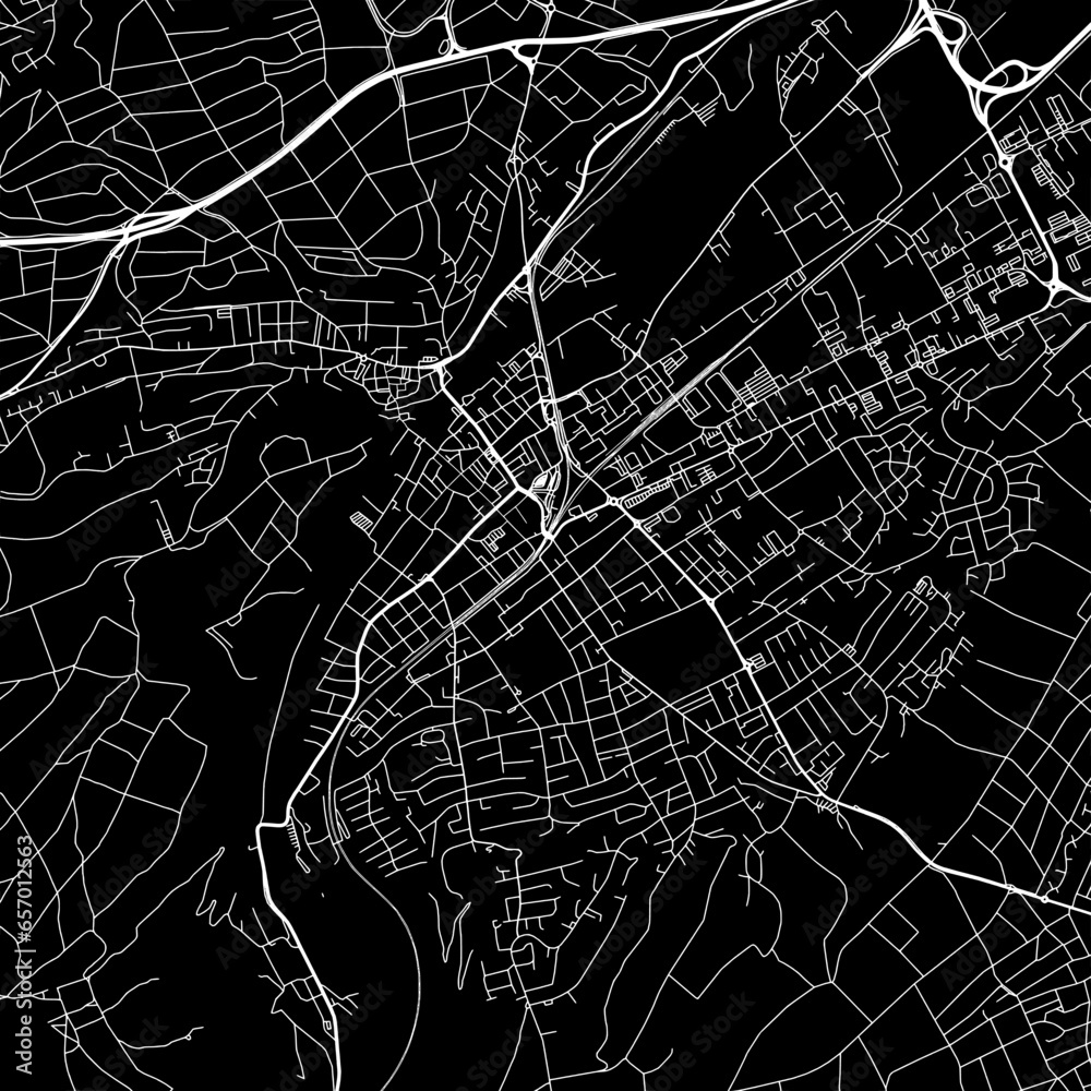 1:1 square aspect ratio vector road map of the city of  Bad Kreuznach in Germany with white roads on a black background.