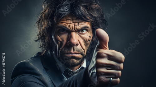 Neanderthal man dressed in a suit holding finger up photo
