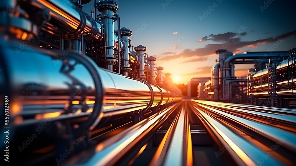 Industry pipeline transport petrochemical, gas and oil processing, furnace factory line, rack of heat chemical manufacturing, equipment steel pipes plant with Generative AI - obrazy, fototapety, plakaty 
