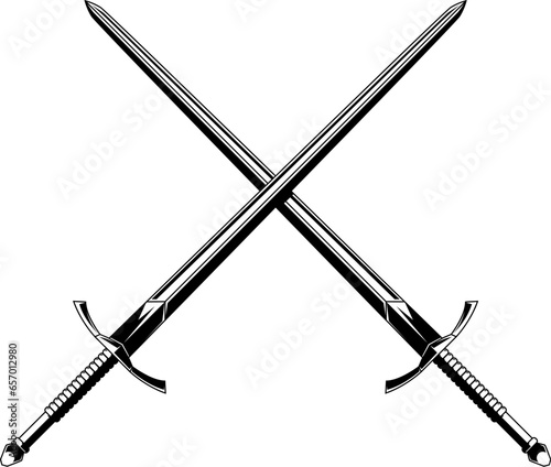 Illustration of crossed swords. Knight's swords. Design element for emblems, sign, banner. Vector illustration