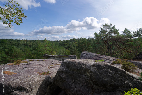 Rocky chaos and panorama in the Franchard gorges. Fontainebleau forest