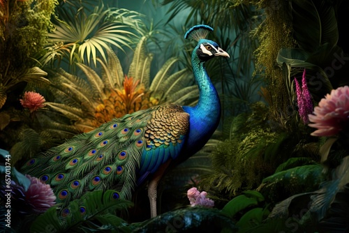 Blue peacock standing among tropical plants, peacock wallpaper, peacock wall painting © Peng