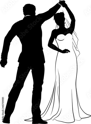 Bride and groom couple silhouettes. Woman in a bridal wedding dress
