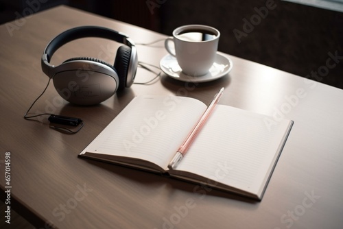 Wireless headphones and notebook for coffee breaks with audio healing, sound therapy, wellness rituals, mental health habits, podcast, self discovery, gratitude journal. Generative AI