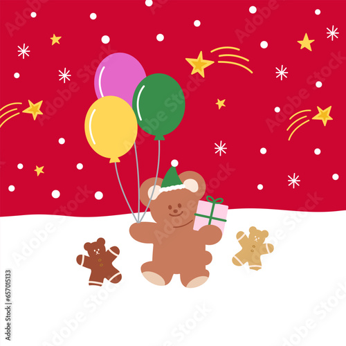 Teddy Bear  gingerbread man  balloon  gift box on red background for Christmas card  festive wallpaper  winter backdrop  social media  poster  post card  gift wrap  packaging  December s template