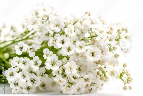 Closeup of white gypsophila flowers on isolated white background. Generative AI photo