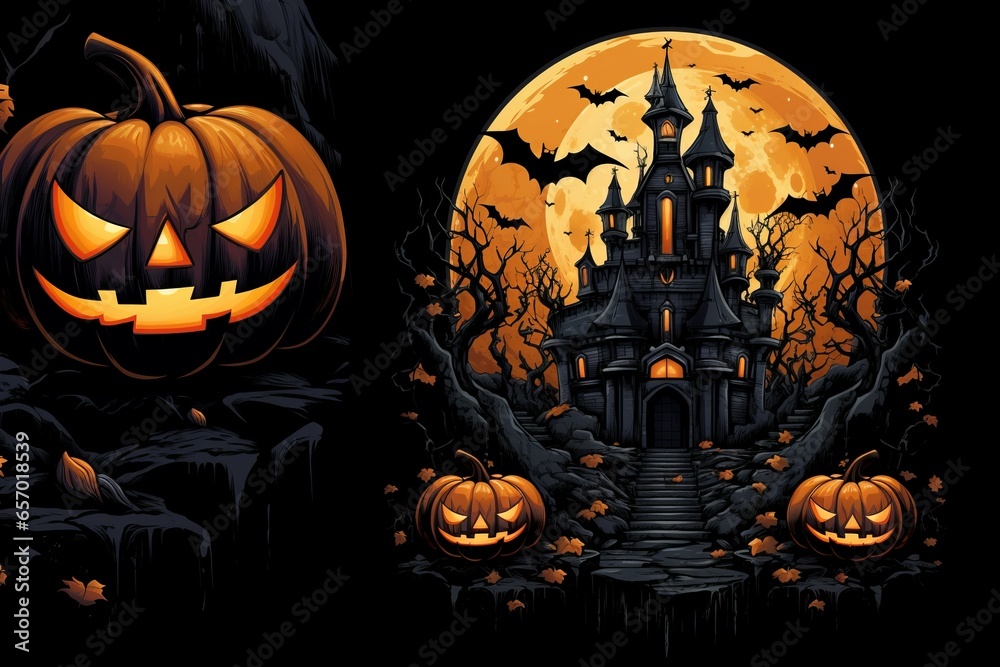 Unreal castle with pumpkins at Halloween night