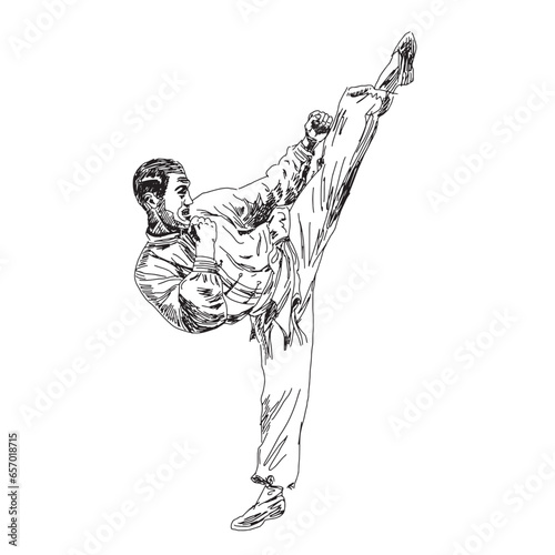 A hand-drawn sketch of a man showing a wushu kick pose. vector graphic resources