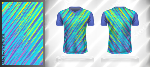 Vector sport pattern design template for V-neck T-shirt front and back with short sleeve view mockup. Shades of blue-purple-green-yellow-pink color gradient abstract line texture background.