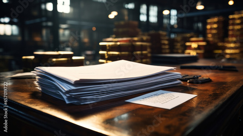 Stacks of paper on warehouse background. Documents for warehouse and accounting reporting.