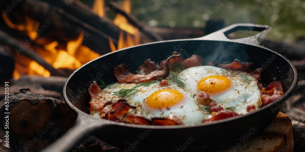 Camping breakfast with bacon and eggs in a cast iron Camping breakfast with bacon and eggs in a cast iron