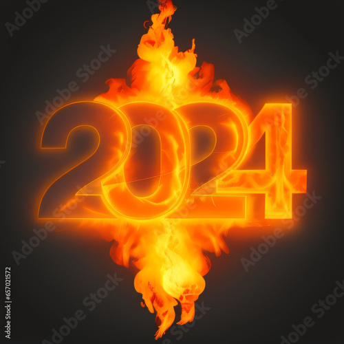 Realistic fire text 2024 with fireflame. 3d view. Fresh liquid type effect. Beautiful wet flow writing macro view, fire wheel 3D light editable text effect,Fiery summer sizzling image.  photo