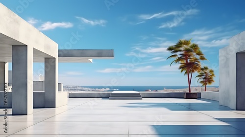 Modern concrete architecture building, exterior floor and roof with empty space for mock up with blue sky background, in clean design, with Generative Ai. © Lucky Ai