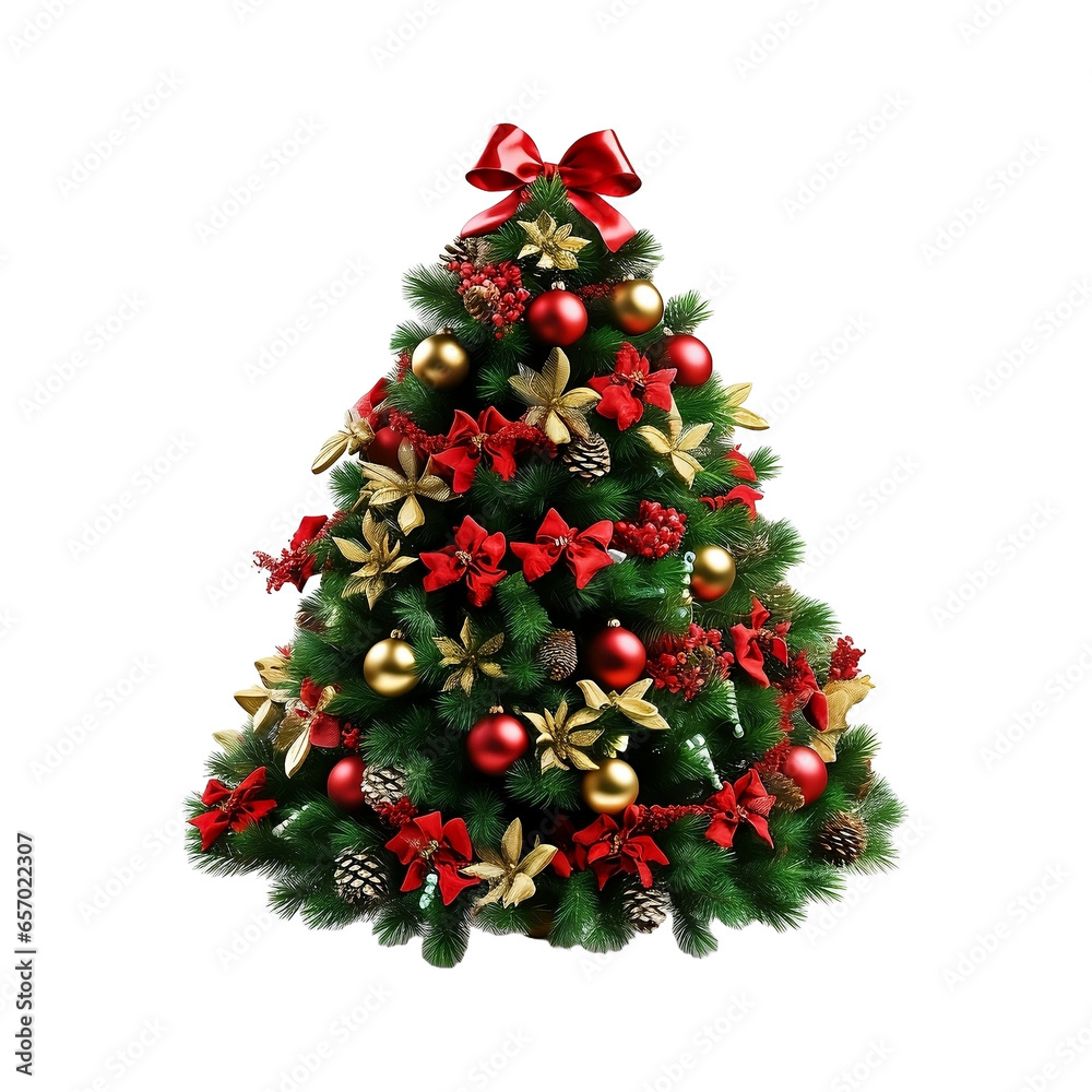 decorated Christmas tree, Dazzling Christmas Tree: Fully Adorned and Aglow on a White Background, Christmas.