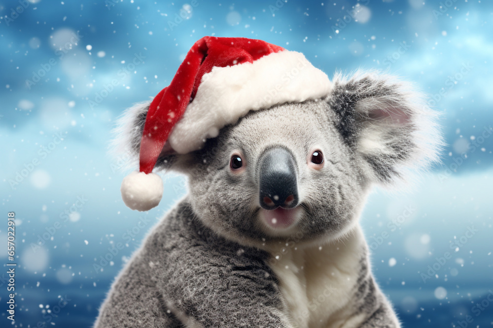 koala wearing santa claus hat snow background koala wearing santa claus hat snow background