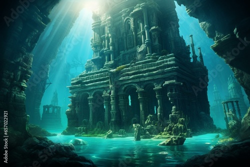 Underwater building in ancient Atlantis town on ocean bottom. Generative AI