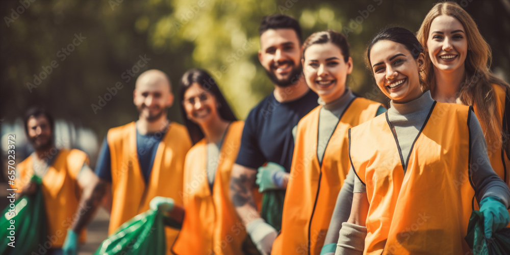 A team of young and diverse volunteers remove trash to clean up the environment