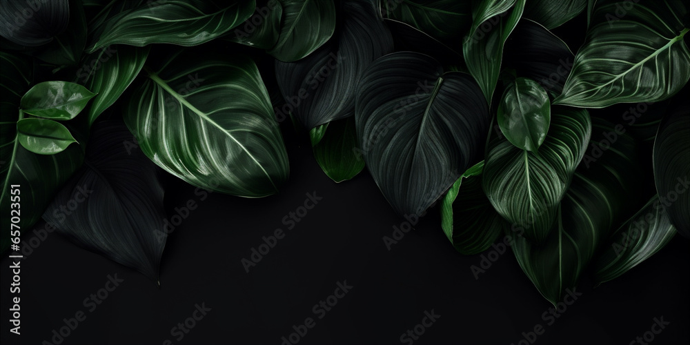 Textures of abstract gigantic dark green leaves