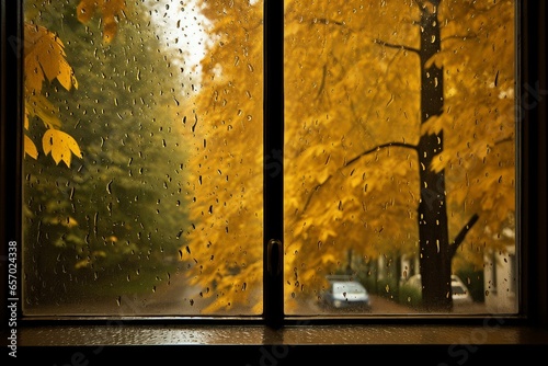 Autumnal rain through park window, with yellow leaves. Generative AI
