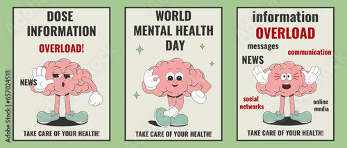 World Mental Health Day.set posters in a trendy cartoon style about the problem of information overload in the modern world,the brain can not cope with information.Vector illustration in retro style.